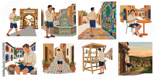 Set of vector illustrations depicting a young man traveling, sightseeing, and exploring the culture and architecture of a historic heritage village.