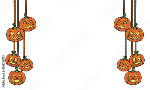 Halloween Hanging Jack O Lantern Pumpkins Border Frame Illustration. Spooky Ornaments Decoration, trick or treat party invitation