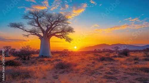 Baobab Alley in Madagascar at sunset. Huge trees in Africa at sunset