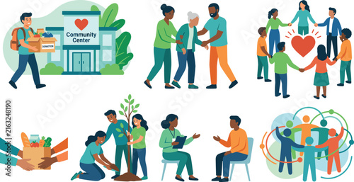 Set of flat vector illustrations depicting volunteers, community service, charity work, and social support activities