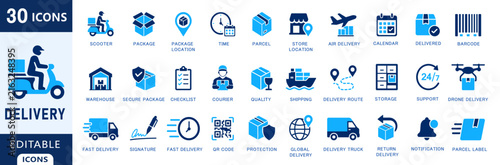 Delivery and Logistics Icon Set, Shipping Service Vector Icons, Courier, Transportation, Parcel, Delivery, Parcel Express, Cargo Transportation and Warehouse Glyph Symbols Collection