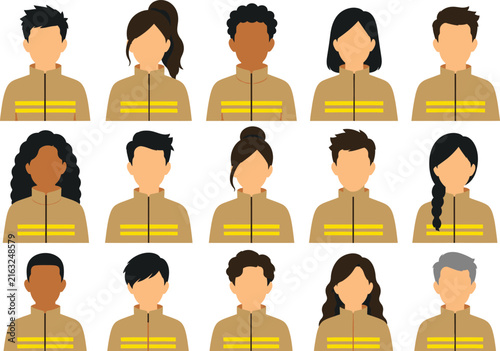 Collection of diverse firefighter avatars wearing protective uniforms isolated on transparent background