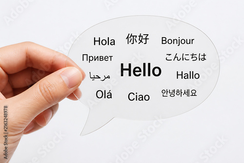 A hand is holding a speech bubble displaying various greetings in different languages like Hola, 你好, Bonjour, Привет, こんにちは, Hello, مرحبا, Hallo, Olá, Ciao, and 안녕하세요.