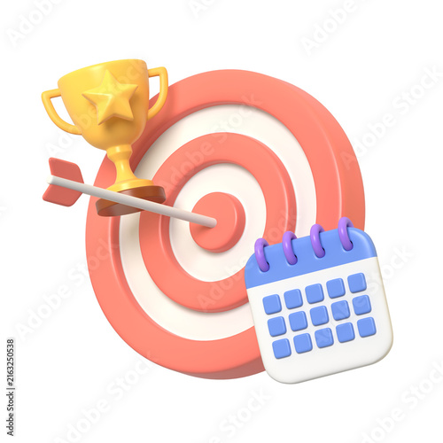 A 3D render of a target with a bullseye an arrow hit in the center a golden trophy cup with a star and a calendar icon representing business goal achievement.3d render