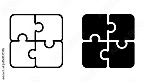 фотографія Puzzle Pieces Together: A set of four interlocking puzzle pieces, presented in both outline and solid black versions, symbolizing unity, problem-solving, and completeness