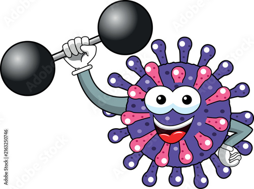Принти на полотні Cartoon mascot character virus or bacterium weightlifter powerful strenght isola