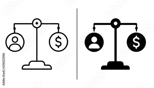 Canvastavla Balance Scale Icon: A comparison of a person and a dollar coin on a balance scale, symbolizing the concept of economic equality or the value placed on human worth versus monetary gain