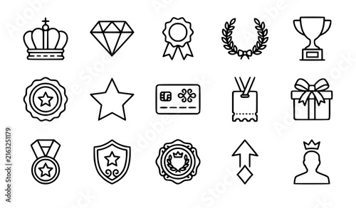 VIP status and exclusive privilege line icon set with crown diamond trophy ribbon and premium awards vector