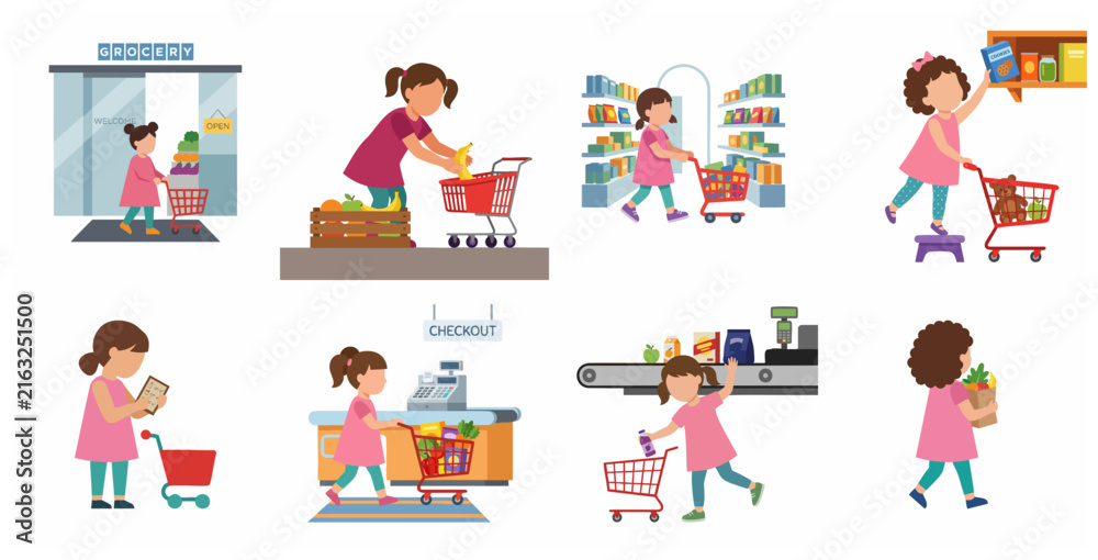 Fototapeta premium Cute Little Girl Character Shopping in Grocery Store Vector Illustration Set