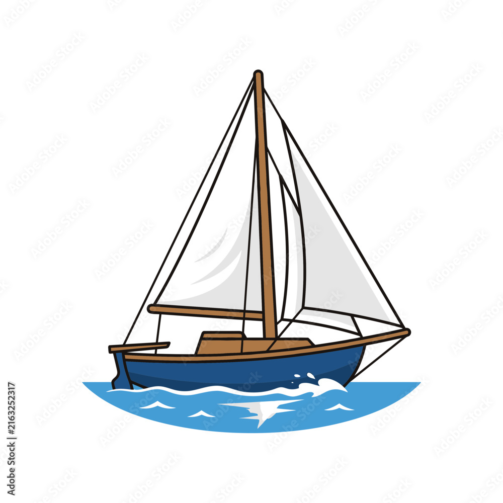 Fototapeta premium Illustration of a sailboat on water with sails and mast.