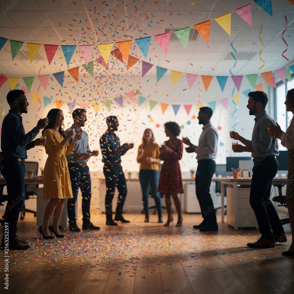 Naklejka premium Diverse coworkers celebrate with confetti falling in decorated office. People clap, smile, and hold drinks. Team enjoys festive gathering, office party.