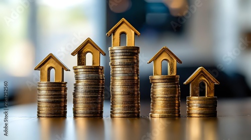 Golden house miniatures stacked on coin towers showing financial
