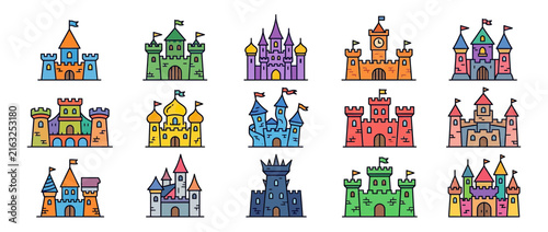 Collection of Colorful Cartoon Castles Isolated on White