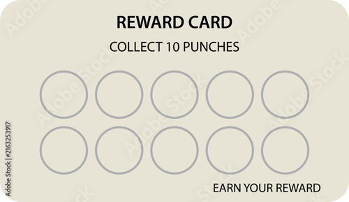 Minimal reward card template with ten punch circles for customer loyalty programs, featuring a clean neutral design and simple typography.