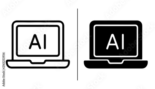 AI Laptop Icons: A split image displays two minimalist icons of a laptop, each featuring the text AI on its screen, one in an outline style and the other as a solid black silhouette.