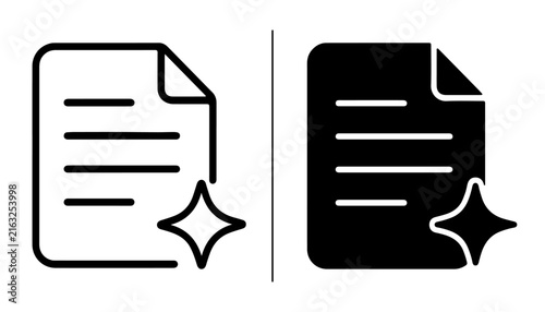 Clean Document Icons: Two stylized icons representing a document with a sparkling star, one in outline and the other in solid black, symbolizing clarity and pristine information.
