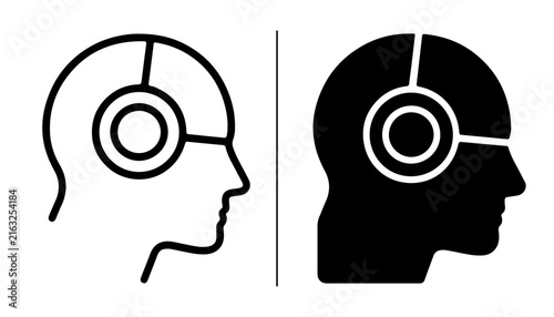 AI Head Icon: A minimalist representation of an artificial intelligence head, depicted in both outline and solid silhouette, symbolizing intelligence and technology.