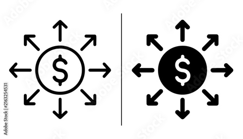 Dollar Sign Spread: Two simple graphic icons representing a dollar sign with arrows radiating outwards, symbolizing financial distribution or monetary spread.