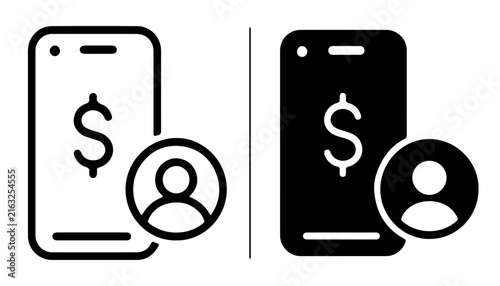 Mobile Payment Icons: Two stylized smartphone icons, one outlined and one filled silhouette, both featuring a dollar sign and a user profile symbol.