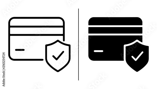 Credit Card Security Icons: A set of clean and modern icons depicting a credit card protected by a shield with a checkmark, symbolizing secure transactions and data protection.