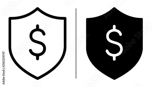 Shield with Dollar Symbol: A graphic representation of financial security, featuring a shield icon with a dollar sign, presented in both outline and solid black formats.