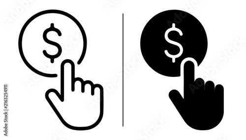 Clicking for Cash: A graphic icon set representing the concept of paying for something, with a finger cursor clicking on a coin symbol. Capturing the essence of transactions and digital economy.