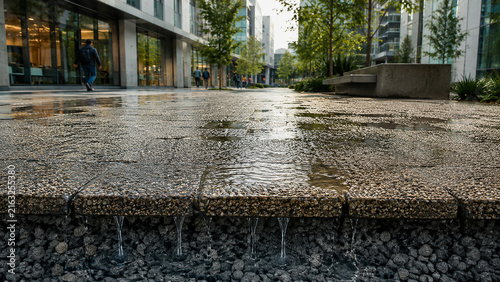 Low angle view of a wet stone paved pedestrian walkway in a modern urban city center