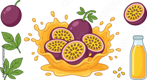 Fresh passion fruit vector cartoon set with liquid juice splash bottle seeds and green leaves