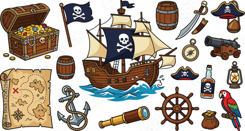 Pirate adventure vector cartoon collection with ship treasure chest map anchor flag and parrot