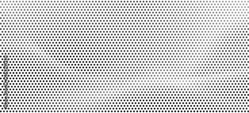 Hexagon halftone gradient texture. Abstract black grunge background. Geometric retro halftone tech wallpaper. Fading wavy hexagonal pattern backdrop. Vector vanishing honeycomb grunge bitmap overlay