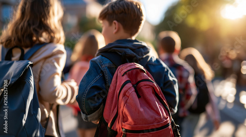 Rear view of youthful secondary school pupils with backpacks walking down a bright street while heading home after lessons outdoor with copy space