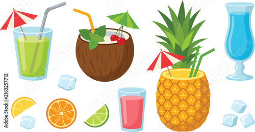 Tropical summer cocktail vector set with coconut pineapple drinks umbrella straws ice and citrus slices