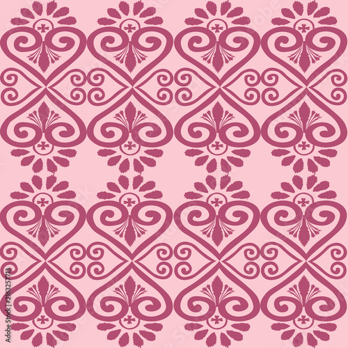 Vintage pink floral heart damask seamless pattern background, romantic ornament vector