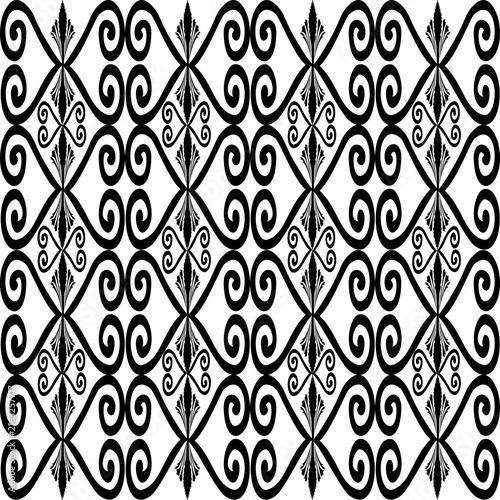 Black and white vintage wrought iron swirl seamless pattern, ornate damask vector background