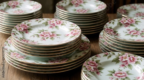 Stacks of porcelain plates feature delicate pink floral patterns, gold trim. Elegant dishes perfect for formal dining, special events, as luxurious home decor accent. Add touch of vintage charm to