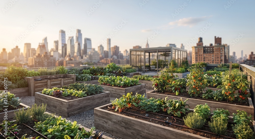 Fototapeta premium Urban rooftop vegetable garden with city skyline at sunset