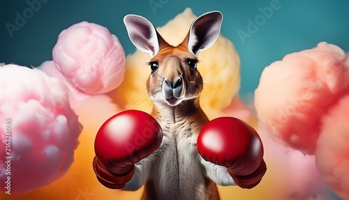 a kangaroo boxing with floating punching bags shaped like giant cotton candy clouds