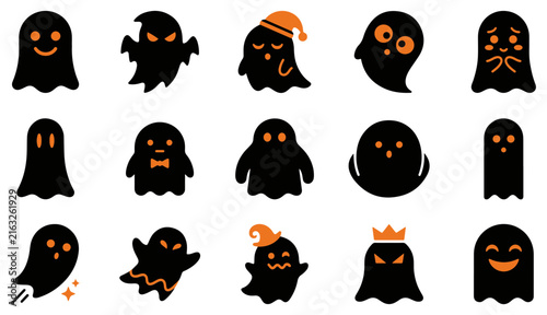Collection of adorable black ghost characters with various expressions and halloween accessories