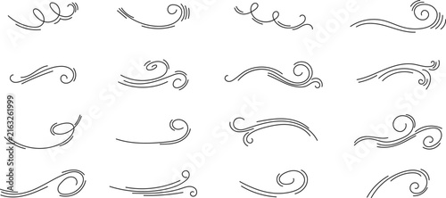 Wind blow gust vector lines set. Dynamic air swirl swirls and breeze blowing symbols. Doodle style weather elements isolated on white background.