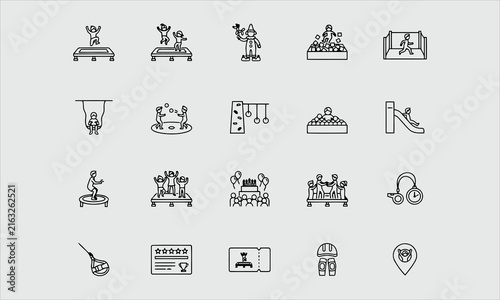Trampoline amusement park flat line icons. Kids playground, jumping people, sport activity, clown illustration.