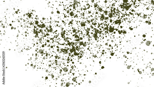 Olive green paint splatter on white background. Abstract ink spray texture, messy watercolor droplets, artistic grunge background for design.