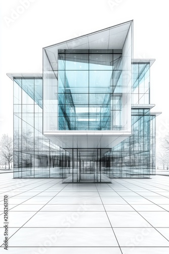 Modern architectural design featuring a glass building in a minimalist landscape during daylight hours with trees in the background