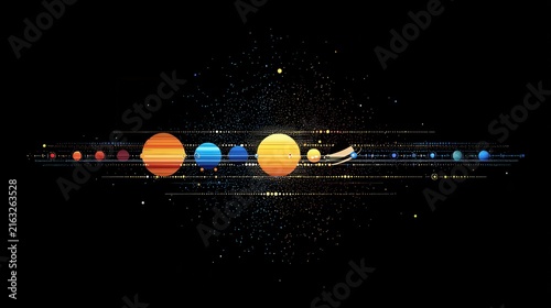 Solar system with planets aligned and cosmic, A cosmic view of the solar system with planets aligned in a row against