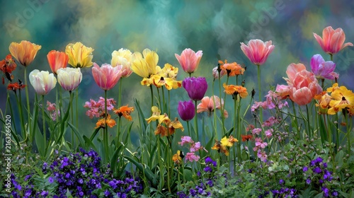 Spring Flower Border, A vibrant border of various spring flowers