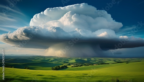 a large cumulonimbus cloud with a distinct anvil shape towering over the green rolling hills a massive cumulonimbus incus cloud commonly known as an anvil cloud or thunderhead