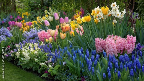 Spring Flower Border, A vibrant border of various spring flowers