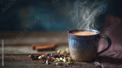 Steaming mug of chai tea, A steaming mug of chai tea on a table