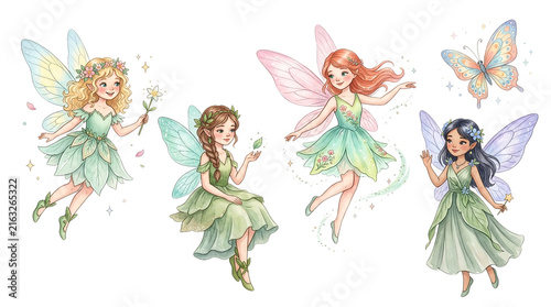Cute watercolor forest fairies flying in a group