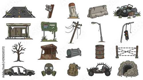 фотографія Post apocalyptic debris and structures a cartoon vector illustration