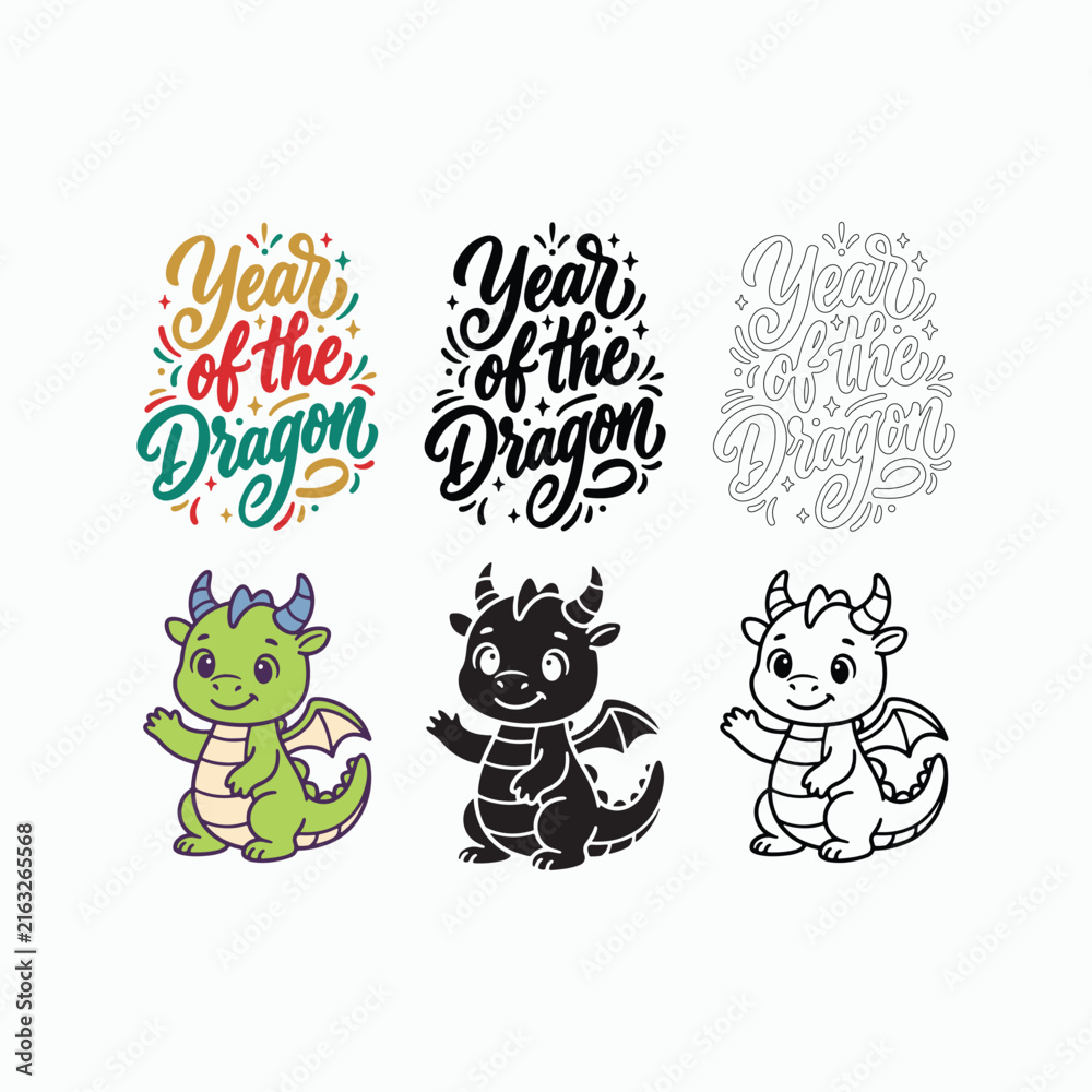 Fototapeta premium Year of the Dragon Typography and Cute Dragon Illustration Collection